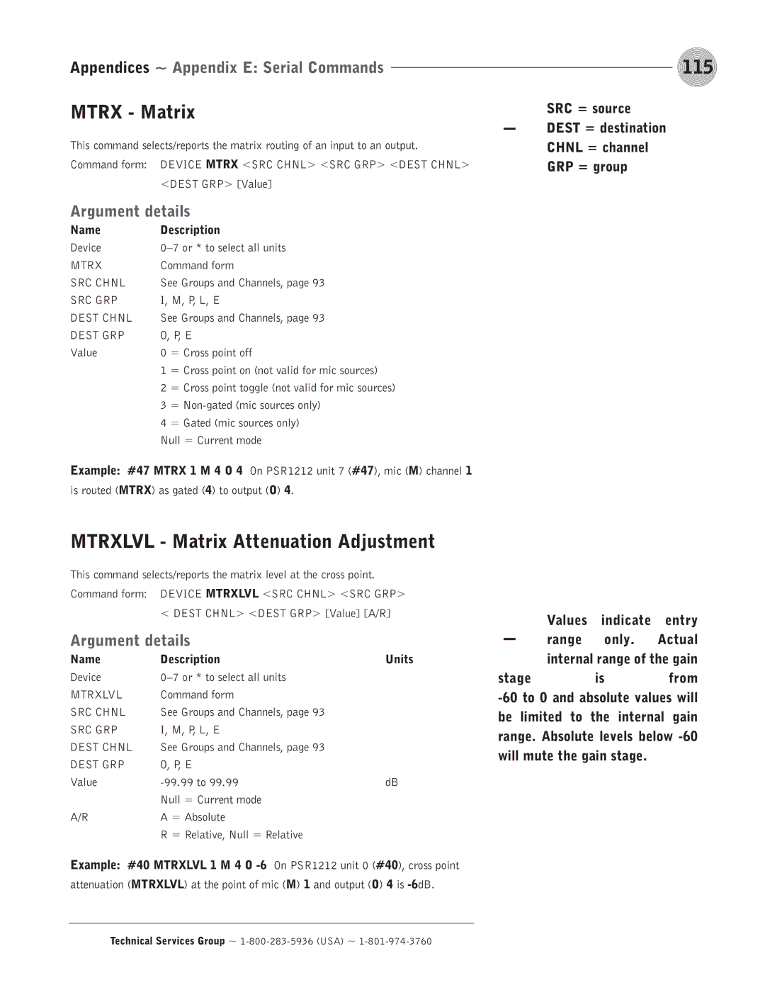 ClearOne comm PSR1212 operation manual 115, Mtrx Matrix, Mtrxlvl Matrix Attenuation Adjustment 