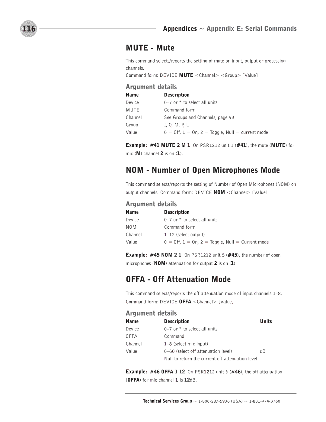 ClearOne comm PSR1212 operation manual 116, Mute Mute, NOM Number of Open Microphones Mode, Offa Off Attenuation Mode 