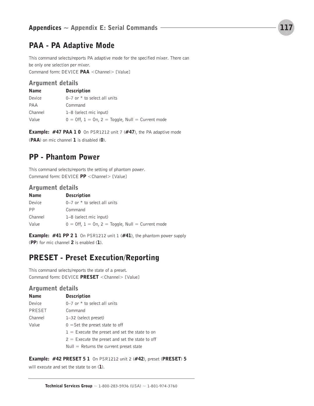 ClearOne comm PSR1212 operation manual 117, PAA PA Adaptive Mode, PP Phantom Power, Preset Preset Execution/Reporting 