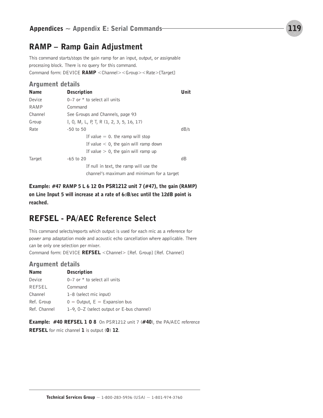 ClearOne comm PSR1212 119, Ramp Ramp Gain Adjustment, Refsel PA/AEC Reference Select, Name Description Unit 