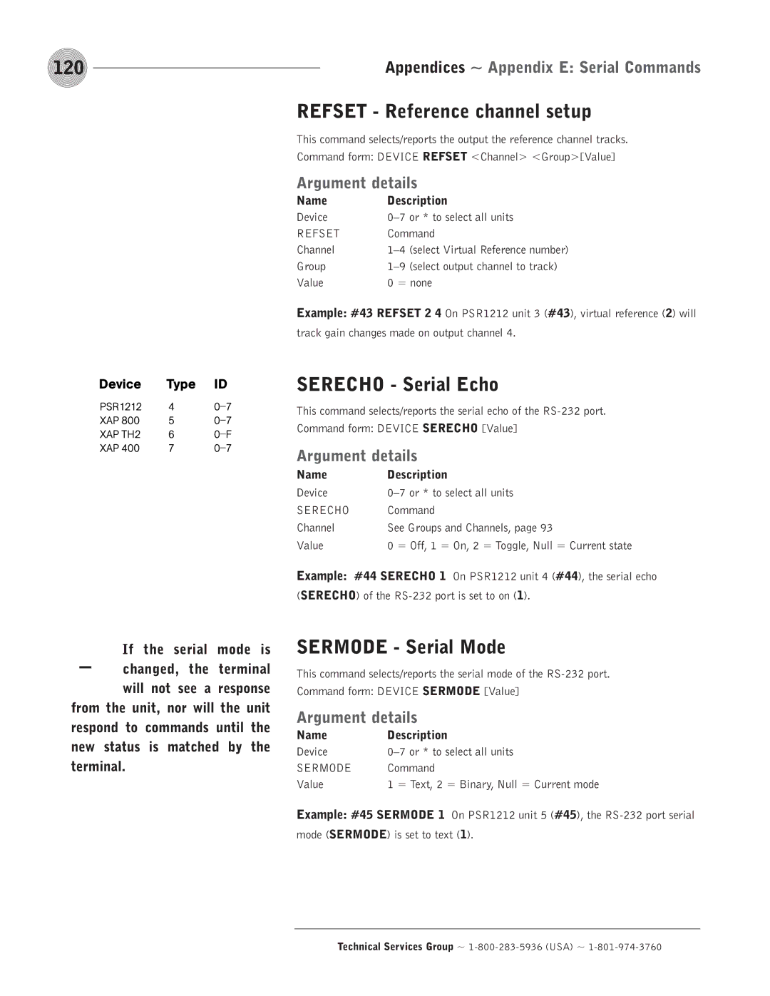 ClearOne comm PSR1212 120, Refset Reference channel setup, Serecho Serial Echo, Sermode Serial Mode, Terminal 