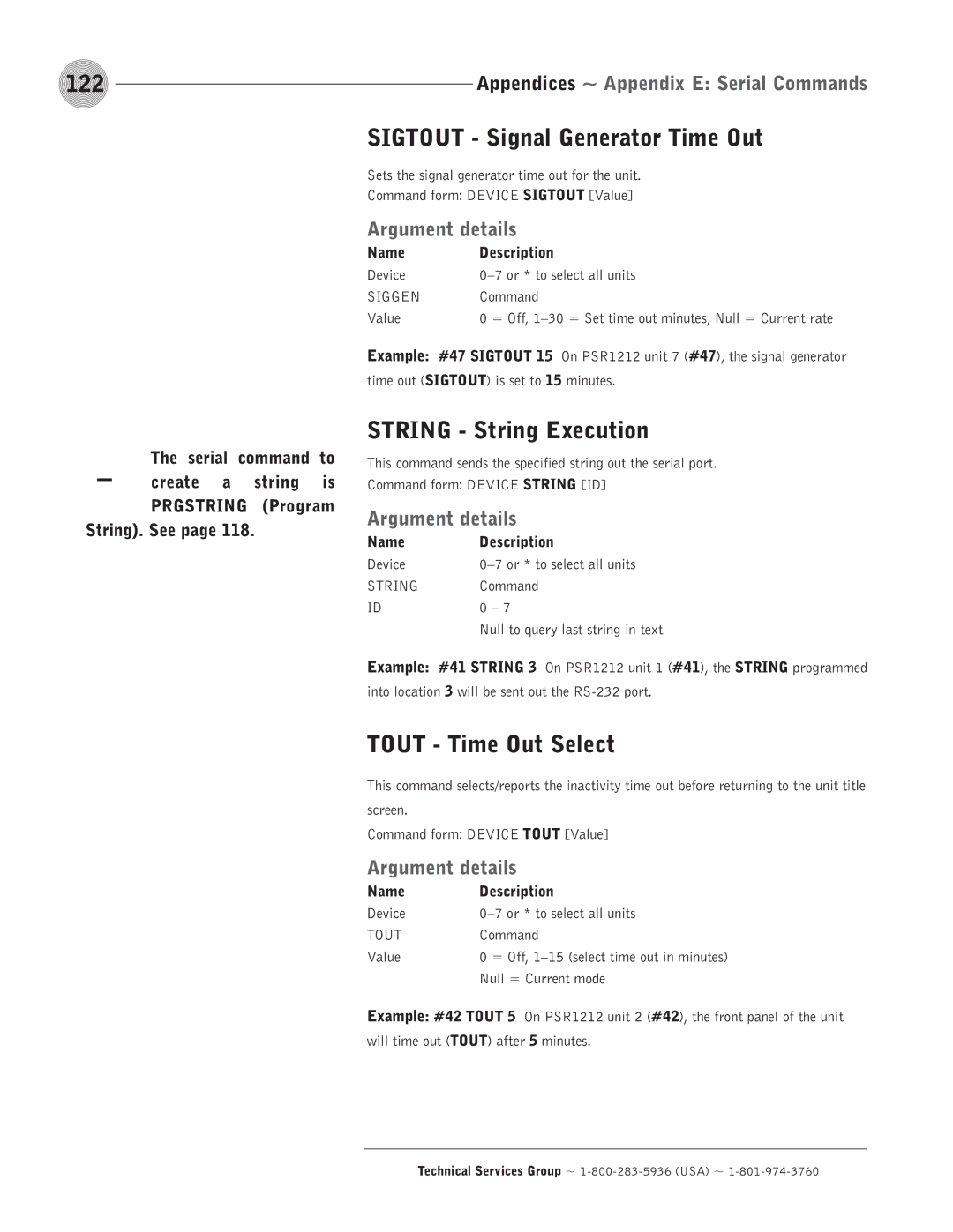 ClearOne comm PSR1212 122, Sigtout Signal Generator Time Out, String String Execution, Tout Time Out Select 