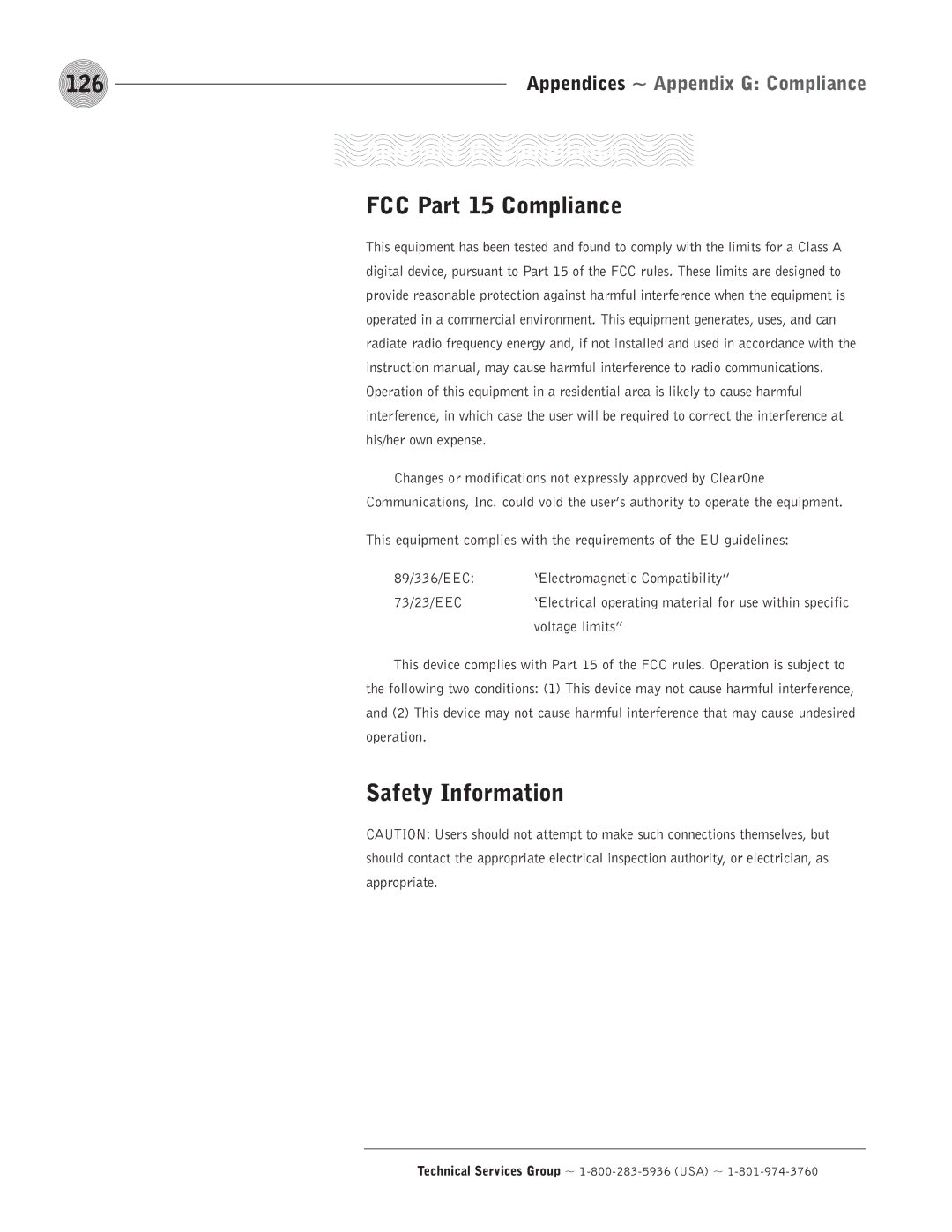 ClearOne comm PSR1212 126, Appendix G Compliance, FCC Part 15 Compliance, Safety Information, Voltage limits 