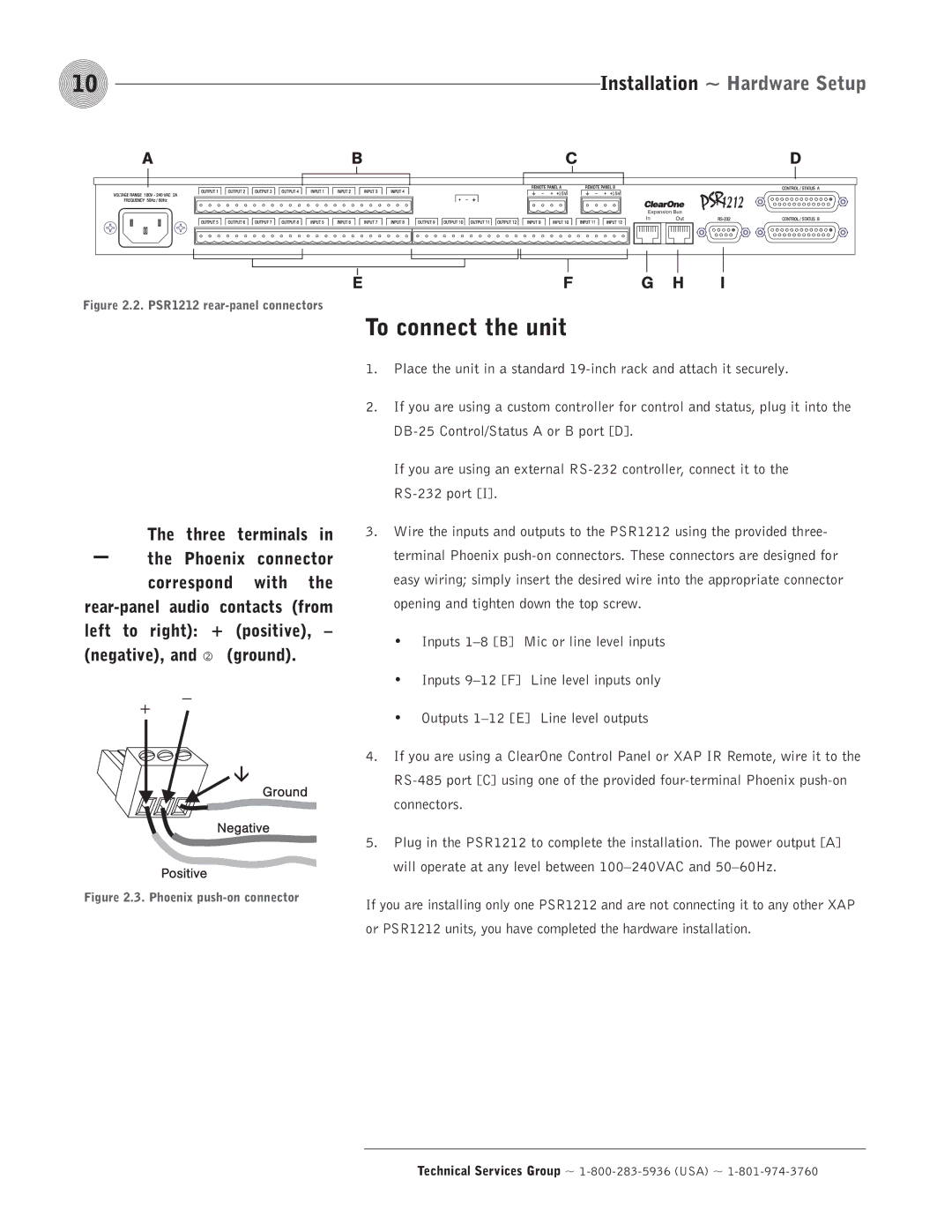 ClearOne comm PSR1212 operation manual To connect the unit, Three terminals, Connector, Ground 