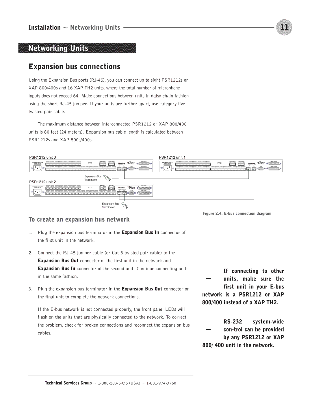 ClearOne comm PSR1212 Expansion bus connections, Installation ~ Networking Units, To create an expansion bus network 