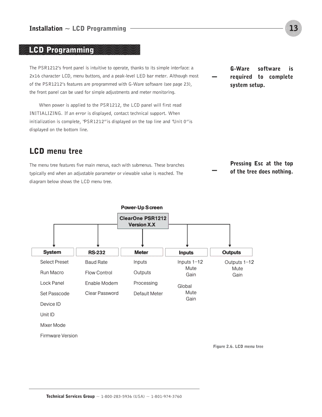 ClearOne comm PSR1212 LCD menu tree, Installation ~ LCD Programming, Pressing Esc at the top of the tree does nothing 