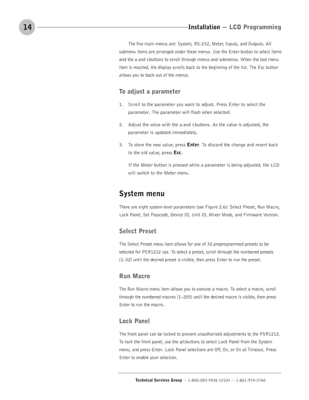 ClearOne comm PSR1212 operation manual System menu, To adjust a parameter, Select Preset, Run Macro, Lock Panel 