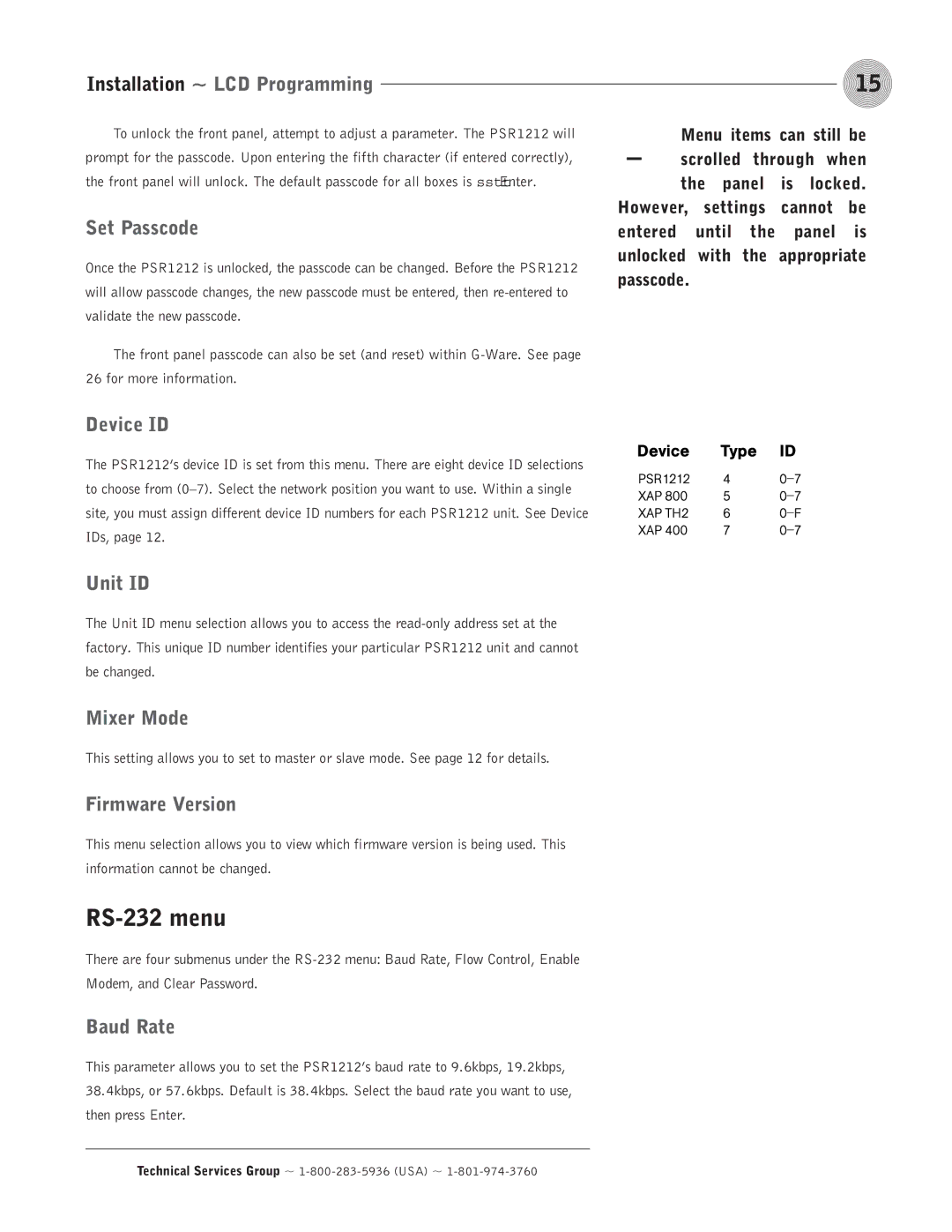 ClearOne comm PSR1212 operation manual RS-232 menu 