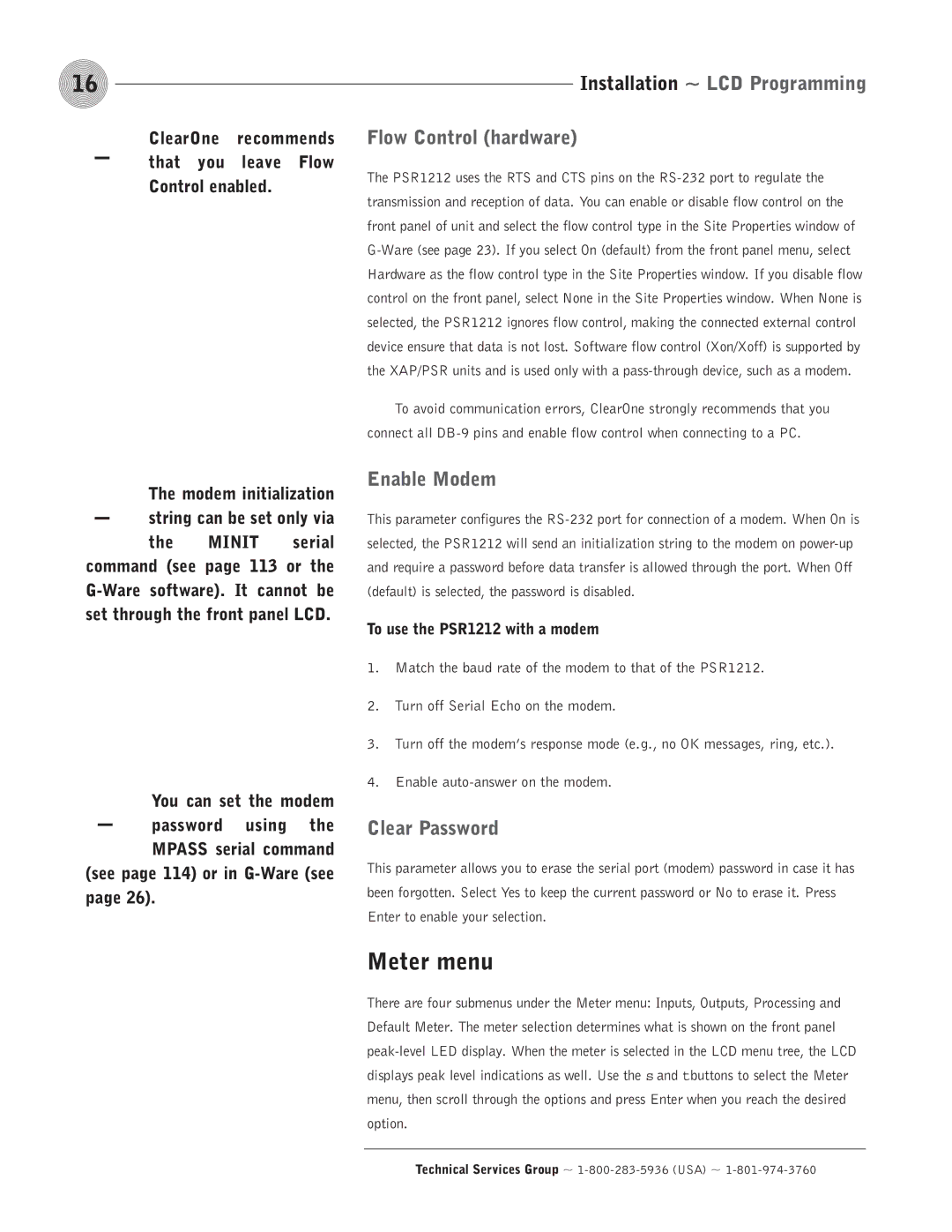 ClearOne comm PSR1212 operation manual Meter menu, Flow Control hardware, Enable Modem, Clear Password 