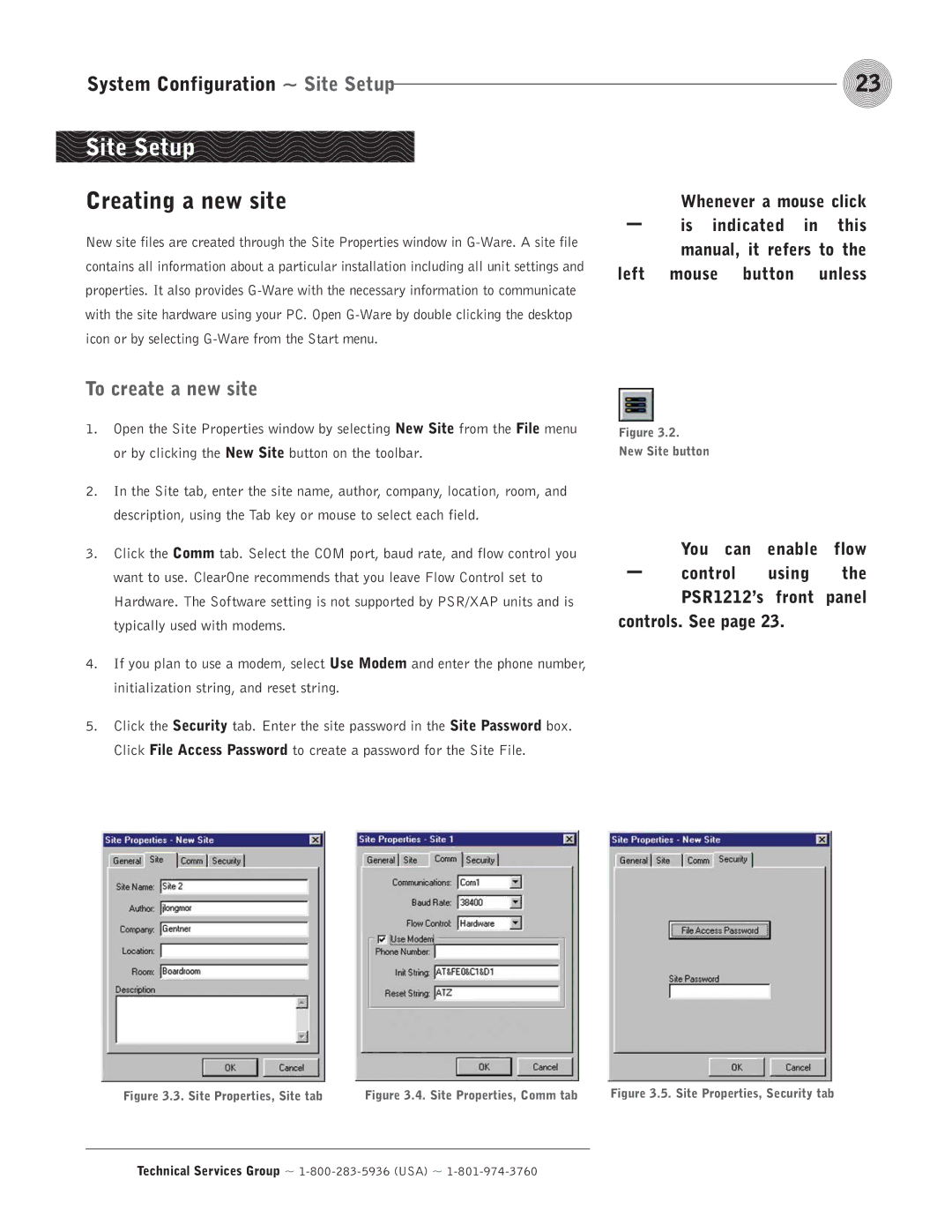 ClearOne comm PSR1212 operation manual Site Setup, Creating a new site, To create a new site 