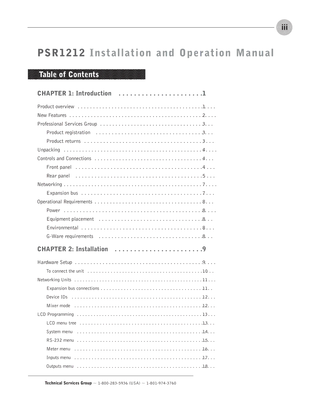 ClearOne comm PSR1212 operation manual Table of Contents 