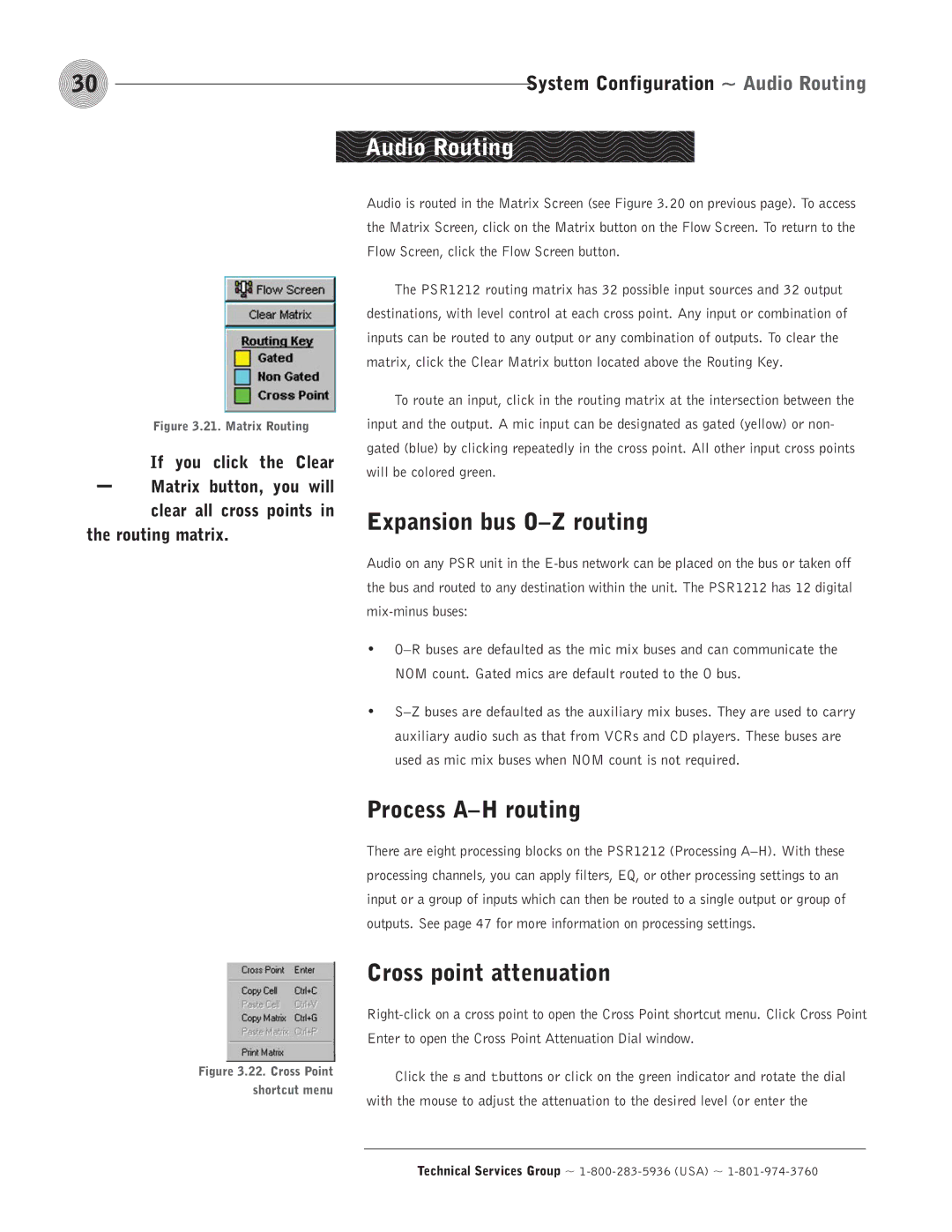 ClearOne comm PSR1212 Audio Routing, Expansion bus O-Z routing, Process A-H routing, Cross point attenuation, Points 