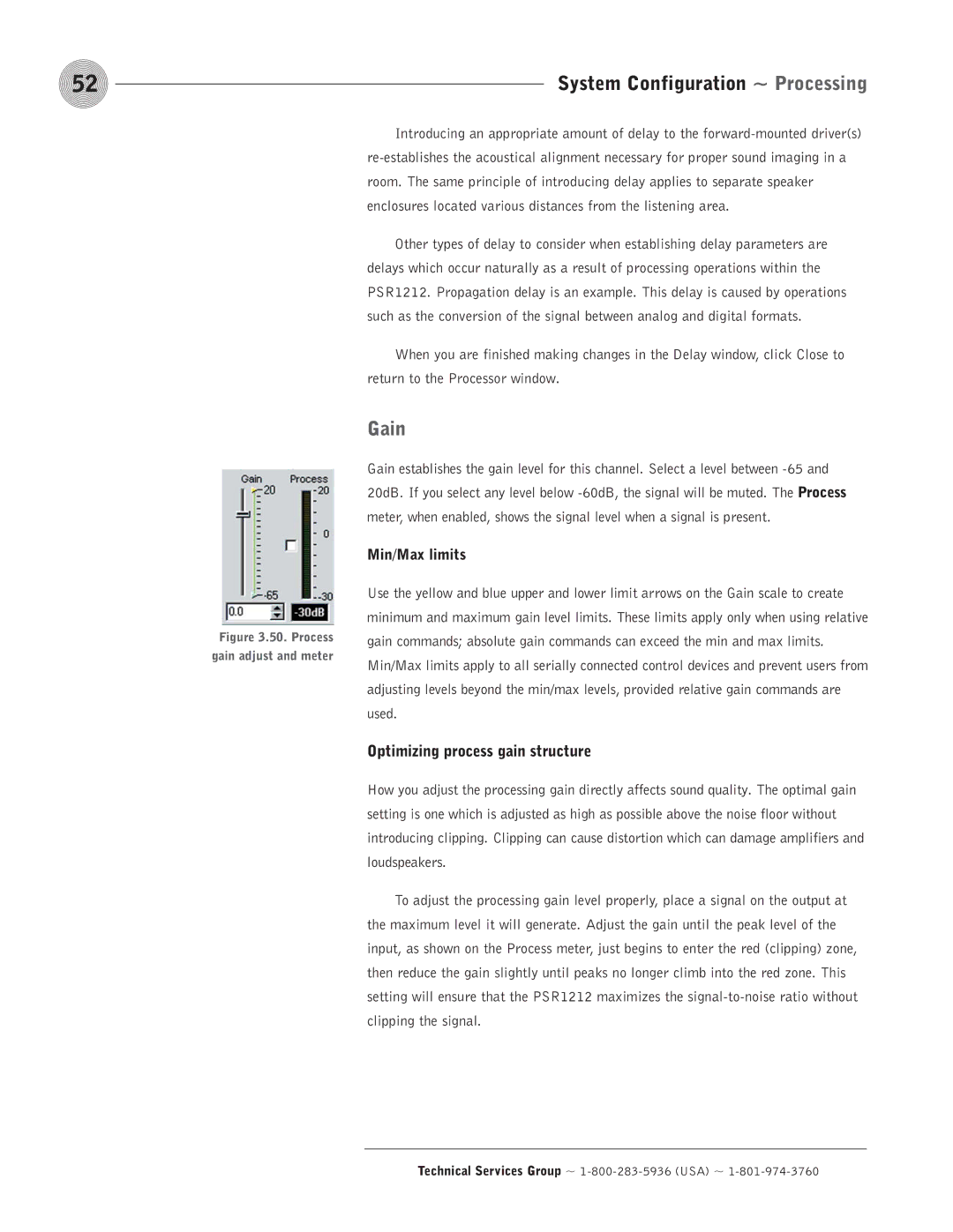 ClearOne comm PSR1212 operation manual Optimizing process gain structure, Process Gain adjust and meter 