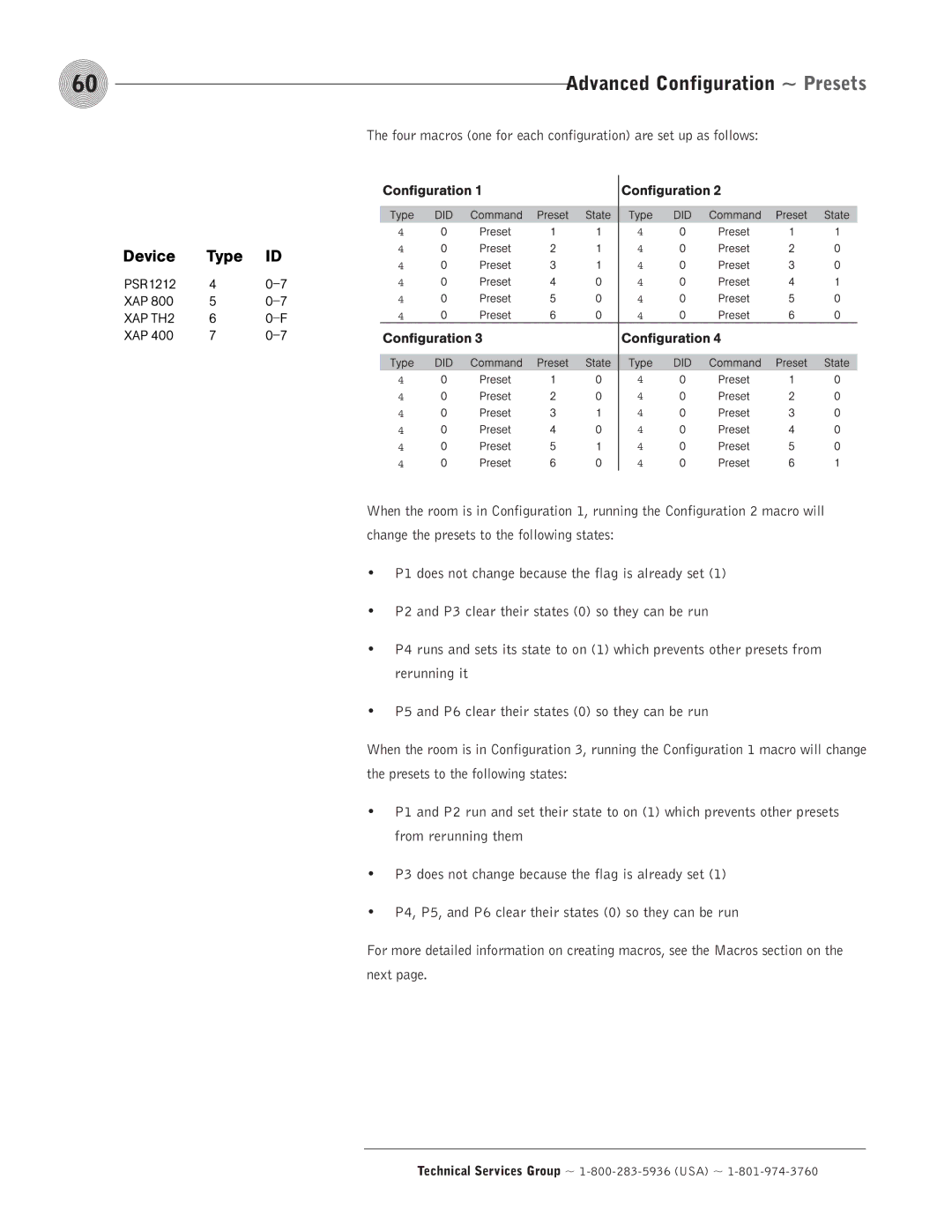 ClearOne comm PSR1212 operation manual Four macros one for each configuration are set up as follows 