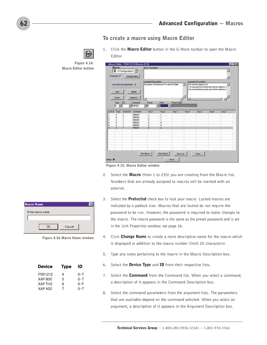 ClearOne comm PSR1212 operation manual To create a macro using Macro Editor, Macro Name window 