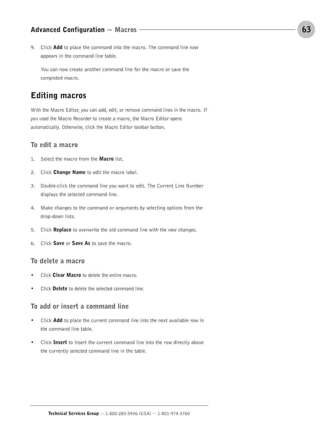 ClearOne comm PSR1212 operation manual Editing macros, To edit a macro, To delete a macro, To add or insert a command line 