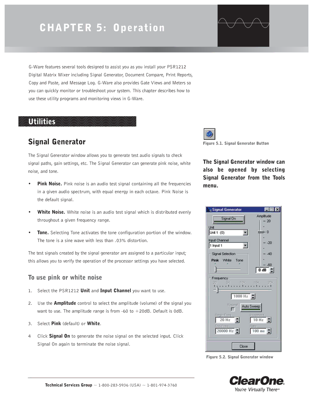 ClearOne comm PSR1212 operation manual Utilities, Signal Generator, To use pink or white noise 