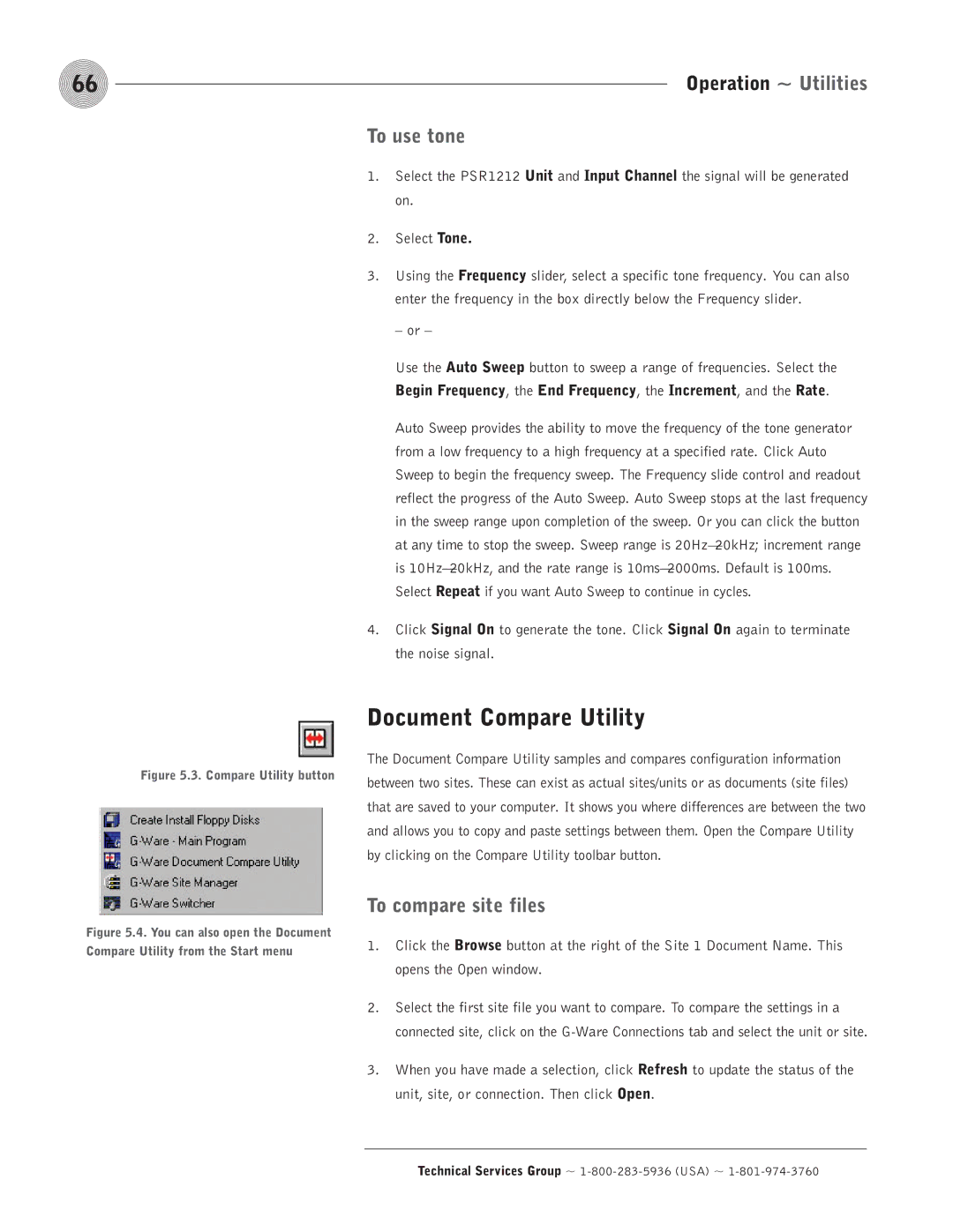 ClearOne comm PSR1212 operation manual Document Compare Utility, Operation ~ Utilities, To use tone, To compare site files 