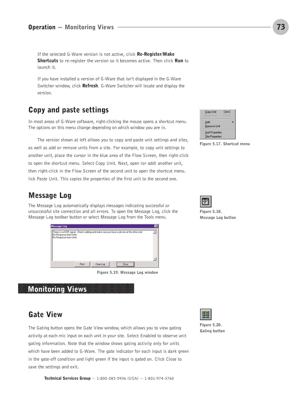 ClearOne comm PSR1212 operation manual Copy and paste settings, Message Log, Gate View, Operation ~ Monitoring Views 