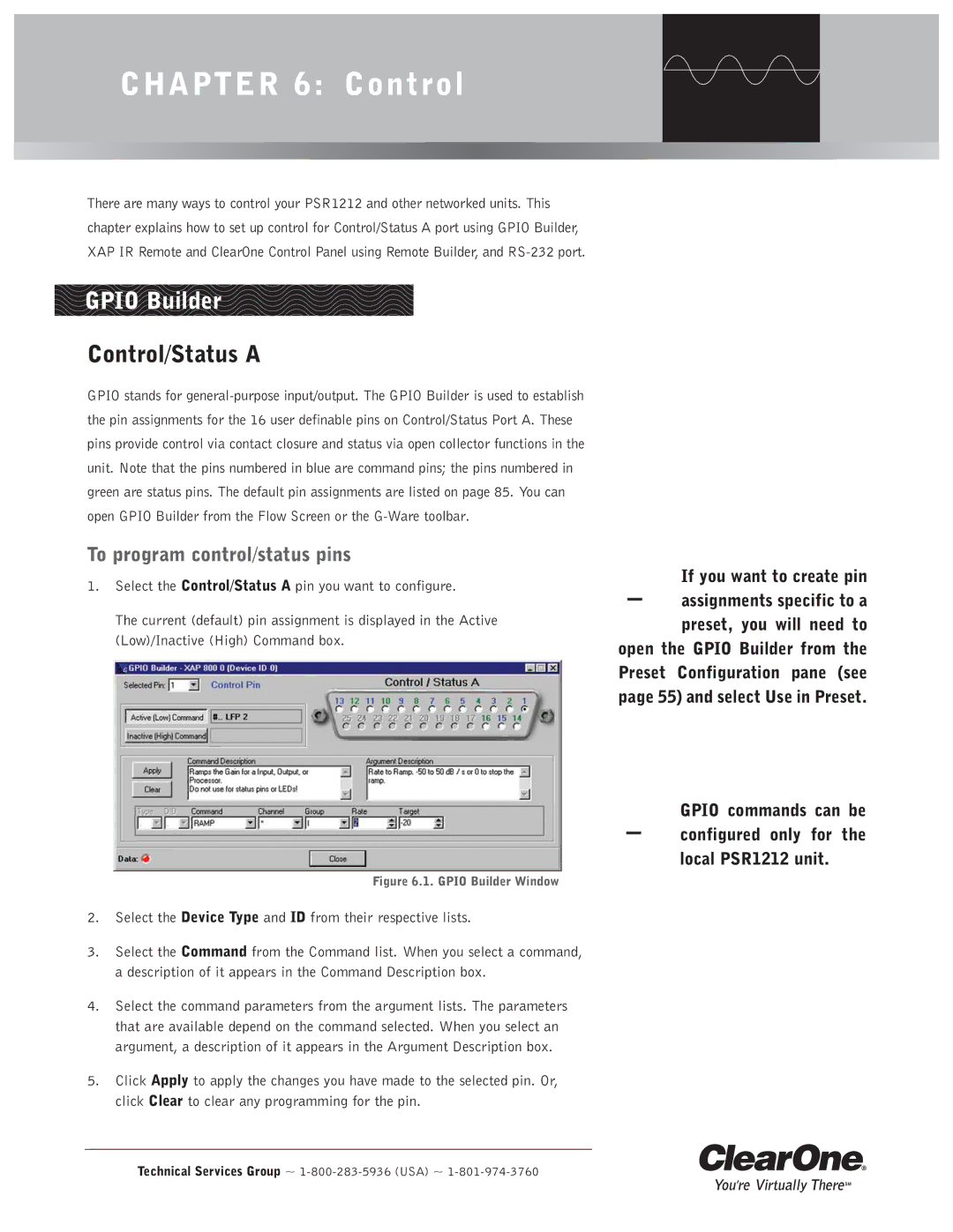 ClearOne comm PSR1212 operation manual Gpio Builder, Control/Status a, To program control/status pins 