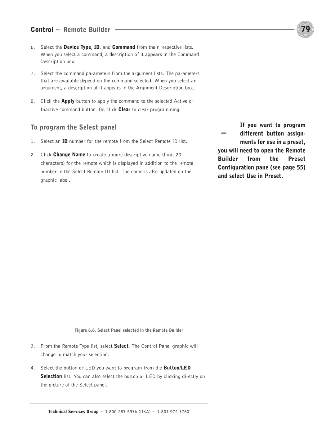 ClearOne comm PSR1212 operation manual To program the Select panel, Select Panel selected in the Remote Builder 