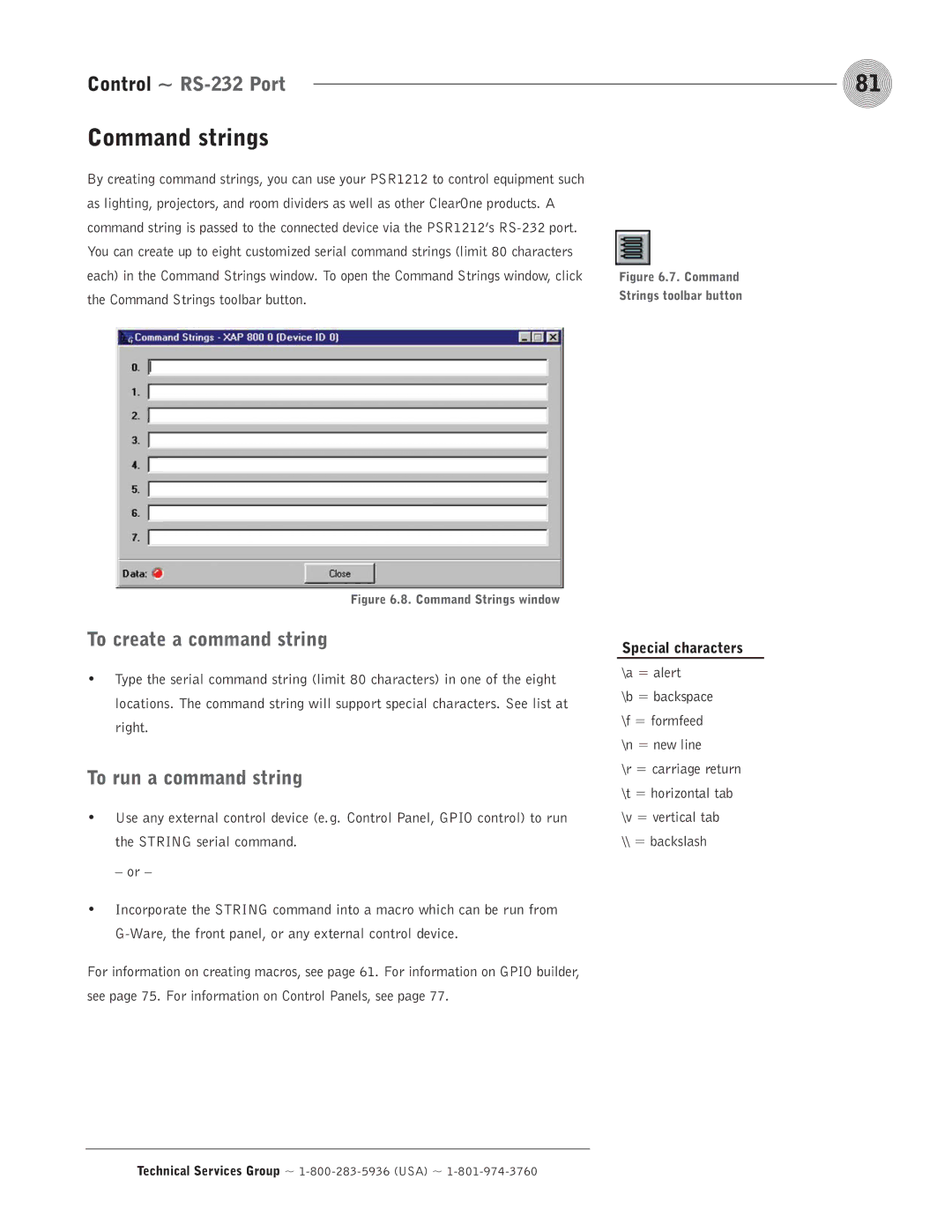 ClearOne comm PSR1212 Command strings, Control ~ RS-232 Port, To create a command string, To run a command string 