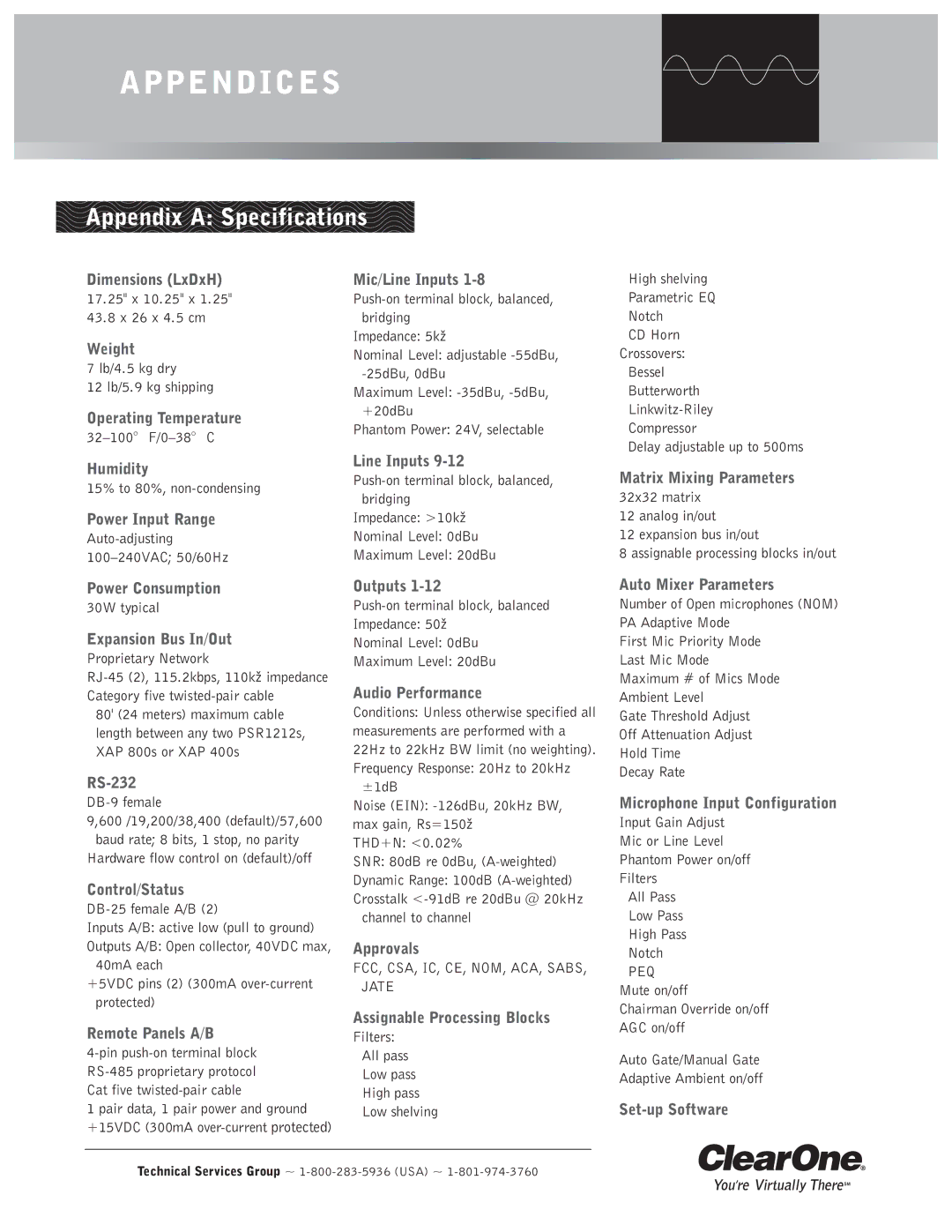 ClearOne comm PSR1212 operation manual Appendix a Specifications 