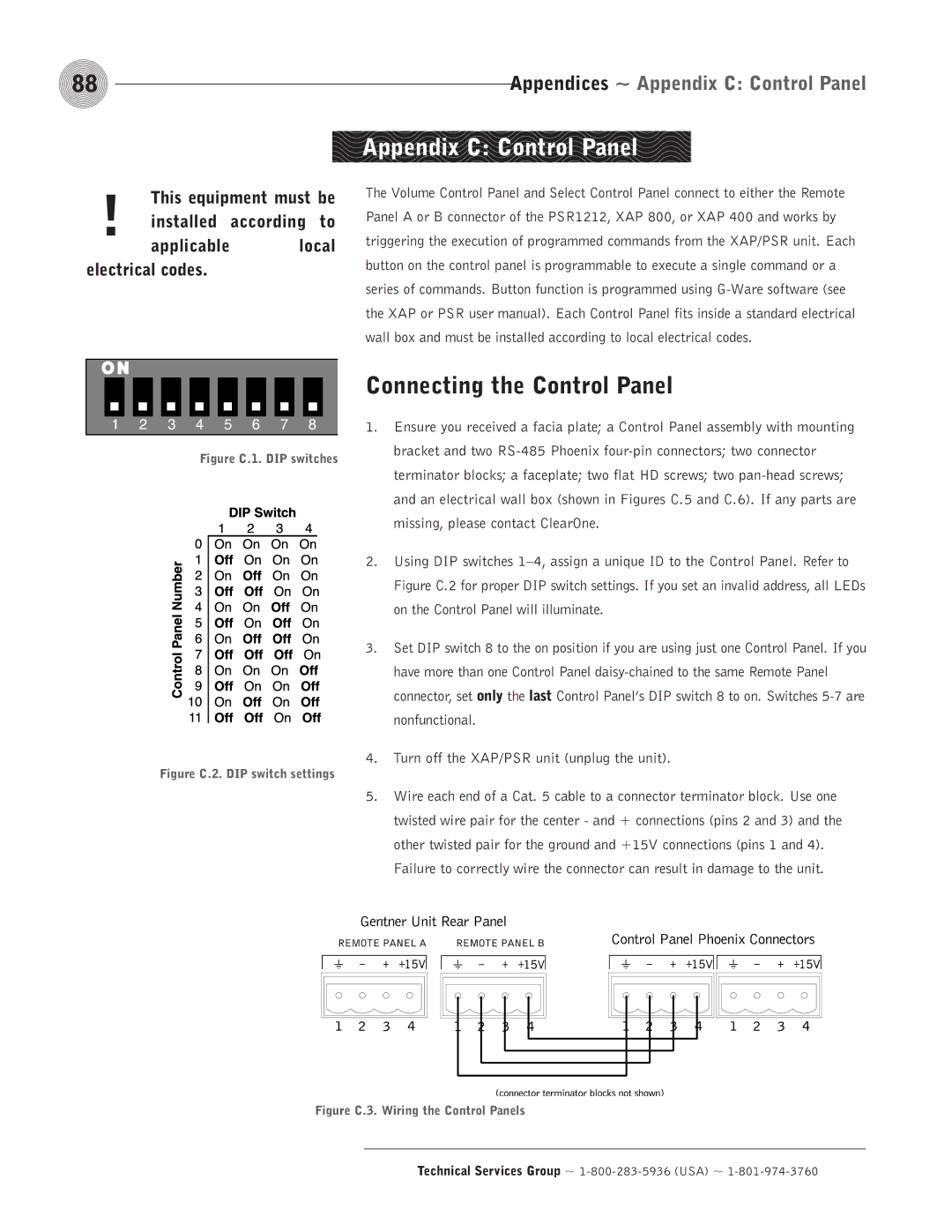 ClearOne comm PSR1212 operation manual Connecting the Control Panel, Appendices ~ Appendix C Control Panel 