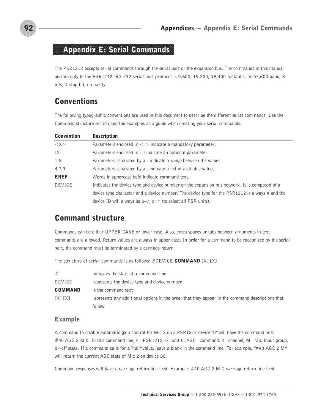 ClearOne comm PSR1212 Appendix E Serial Commands, Conventions, Command structure, Example, Convention Description 