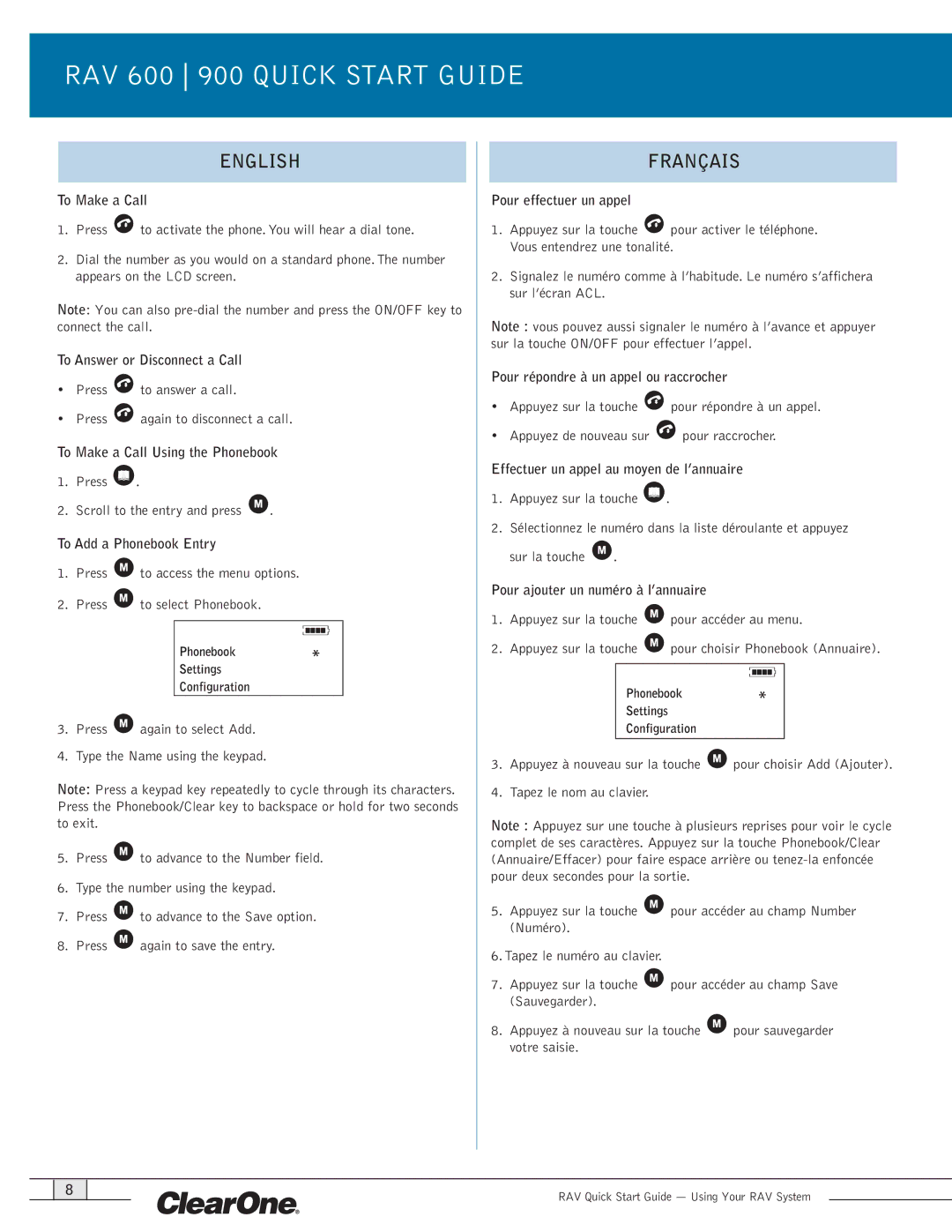 ClearOne comm RAV 600/900 To Answer or Disconnect a Call, To Make a Call Using the Phonebook, To Add a Phonebook Entry 