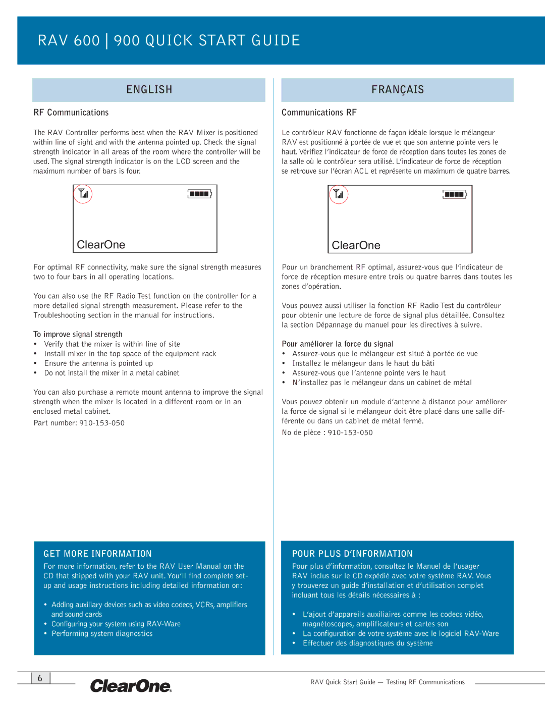 ClearOne comm RAV 600/900 quick start RF Communications, Communications RF, To improve signal strength 