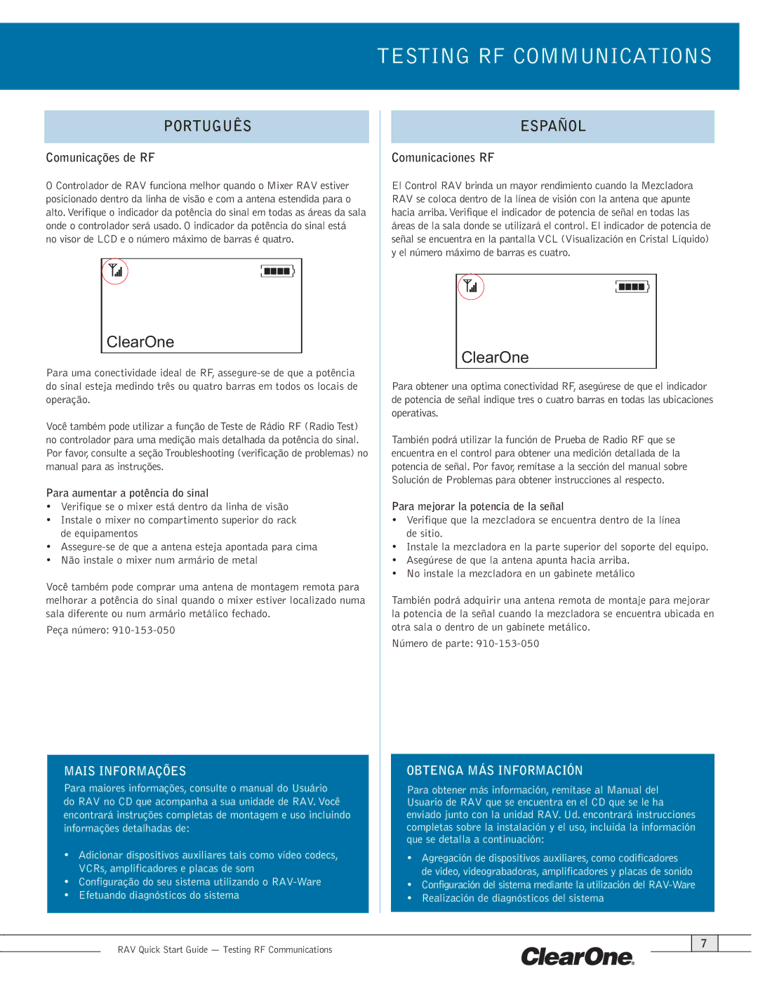 ClearOne comm RAV 600/900 quick start Testing RF Communications, Comunicações de RF, Comunicaciones RF 