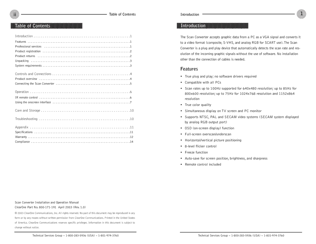 ClearOne comm Scan Converter operation manual Table of Contents, Introduction 