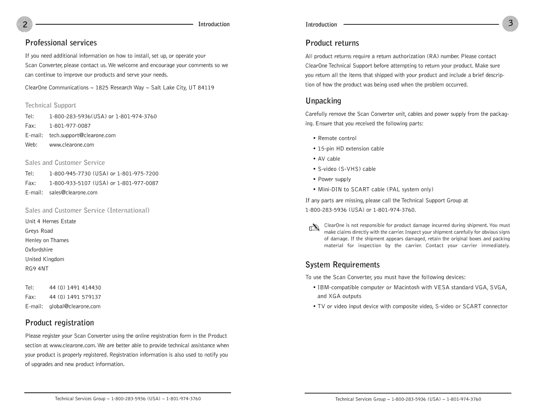 ClearOne comm Scan Converter Professional services, Product registration, Product returns, Unpacking, System Requirements 