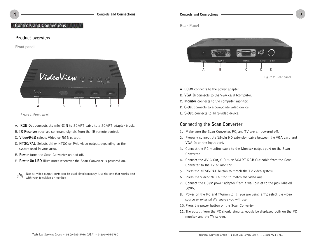 ClearOne comm Controls and Connections, Product overview, Connecting the Scan Converter, Front panel, Rear Panel 