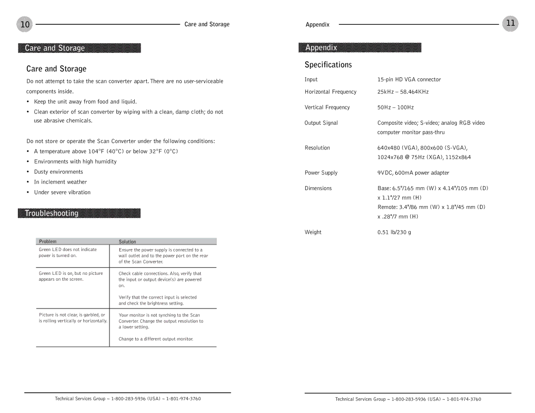 ClearOne comm Scan Converter operation manual Care and Storage, Troubleshooting, Appendix, Specifications 