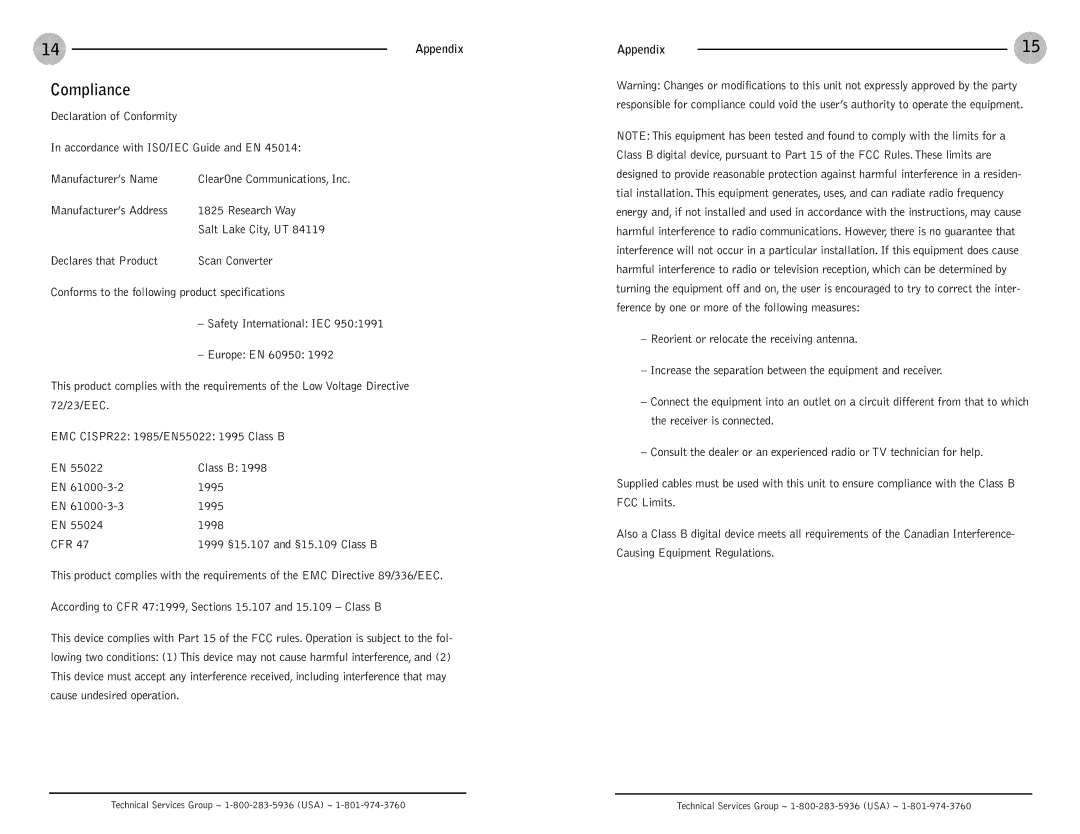 ClearOne comm Scan Converter operation manual Compliance 