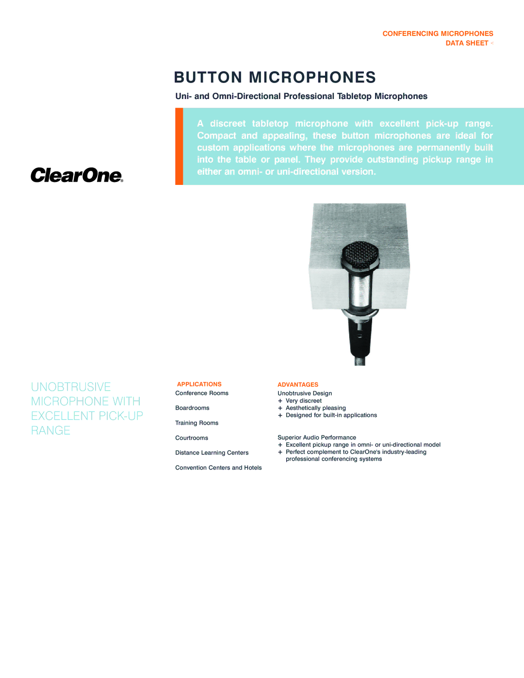 ClearOne comm Uni-Directional manual Button Microphones, Unobtrusive Microphone with Excellent PICK-UP Range, Applications 