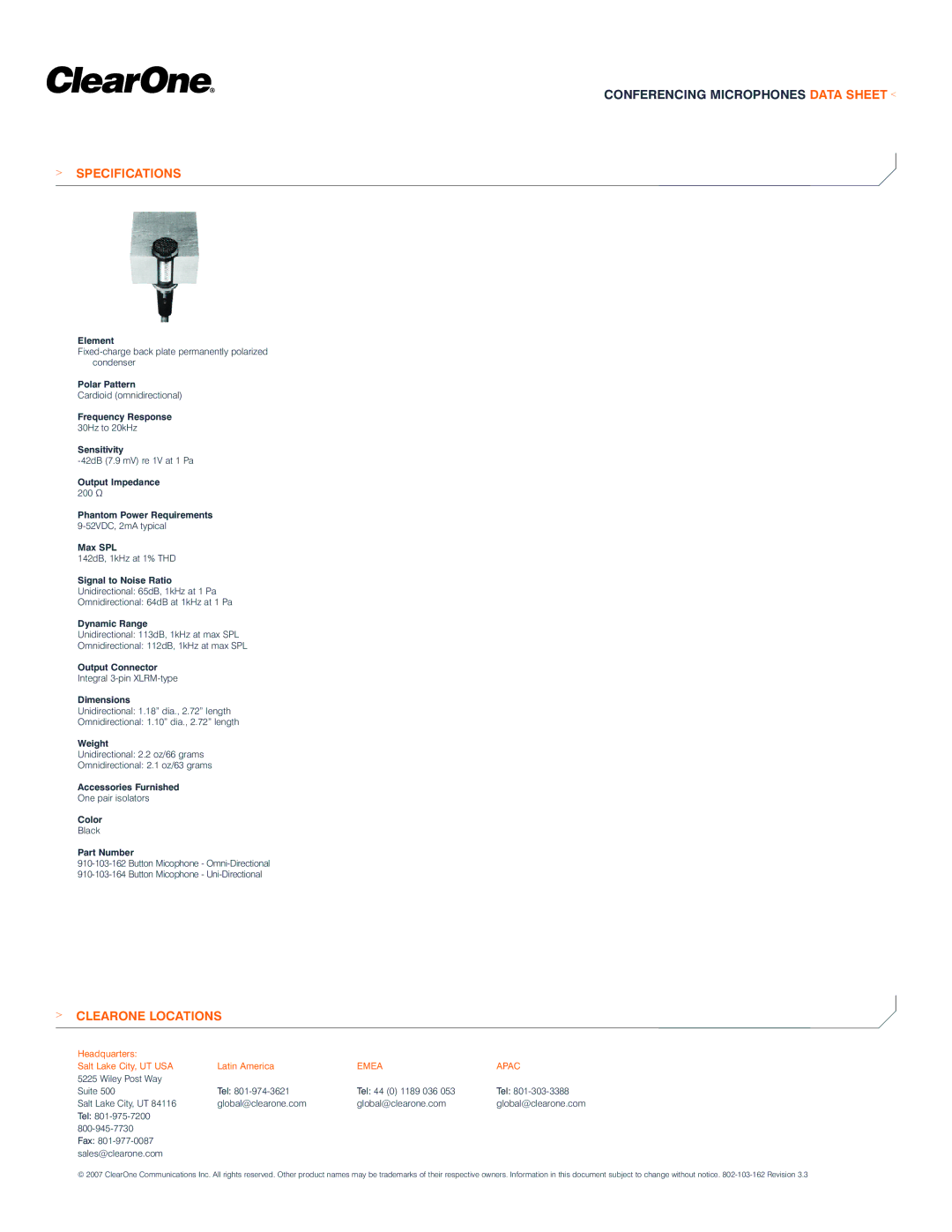 ClearOne comm Uni-Directional manual Specifications, Clearone Locations, Emea Apac 