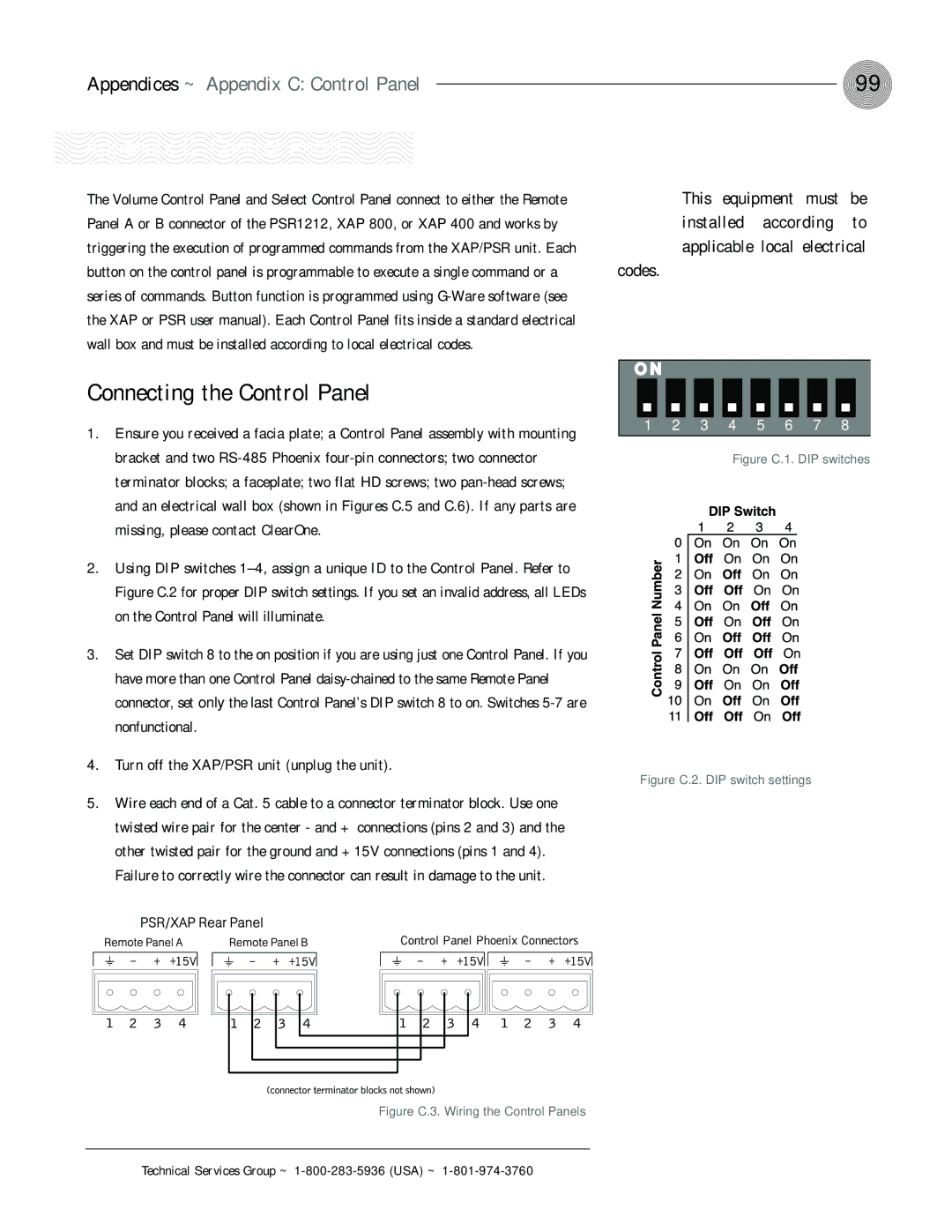 ClearOne comm XAP 400 operation manual Connecting the Control Panel, Appendices ~ Appendix C Control Panel 