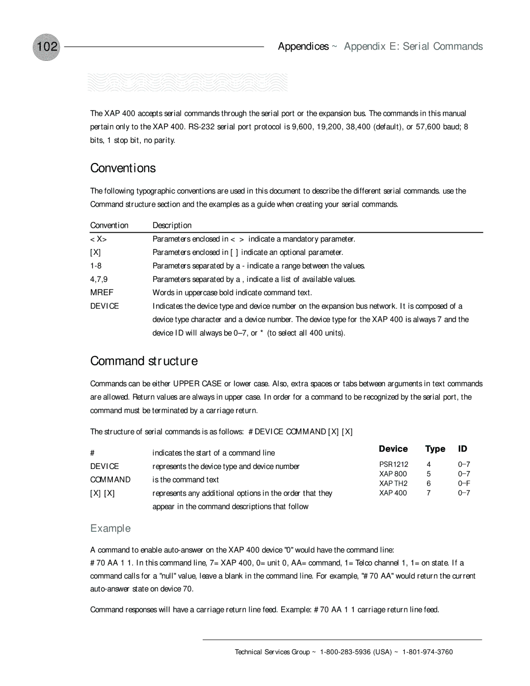 ClearOne comm XAP 400 operation manual 102, Appendix E Serial Commands, Conventions, Command structure, Example 