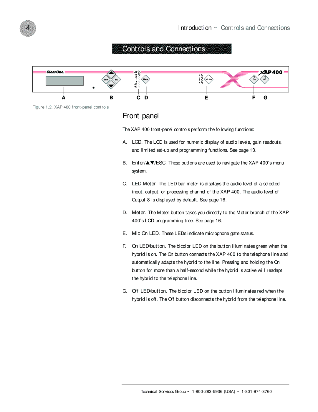 ClearOne comm XAP 400 operation manual Controls and Connections, Front panel 