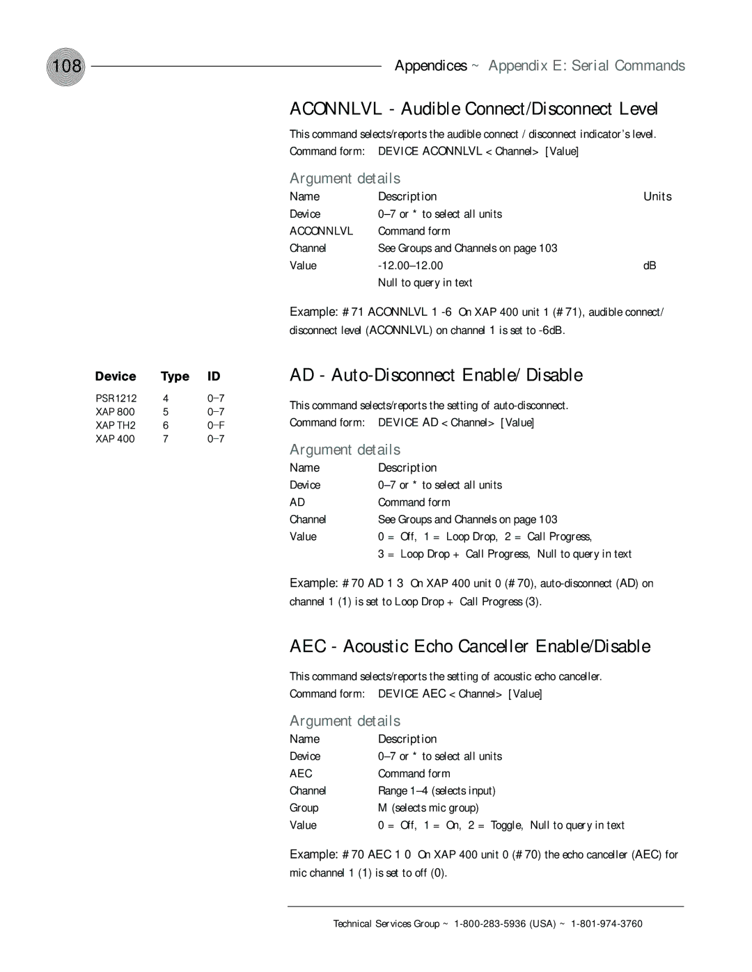 ClearOne comm XAP 400 operation manual 108, Aconnlvl Audible Connect/Disconnect Level, AD Auto-Disconnect Enable/ Disable 