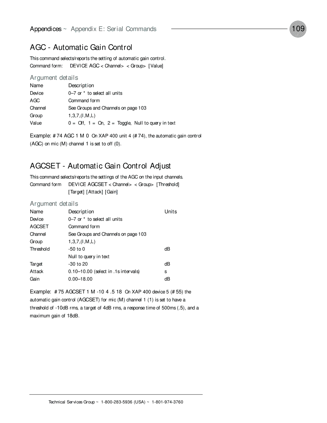 ClearOne comm XAP 400 109, AGC Automatic Gain Control, Agcset Automatic Gain Control Adjust, Maximum gain of 18dB 