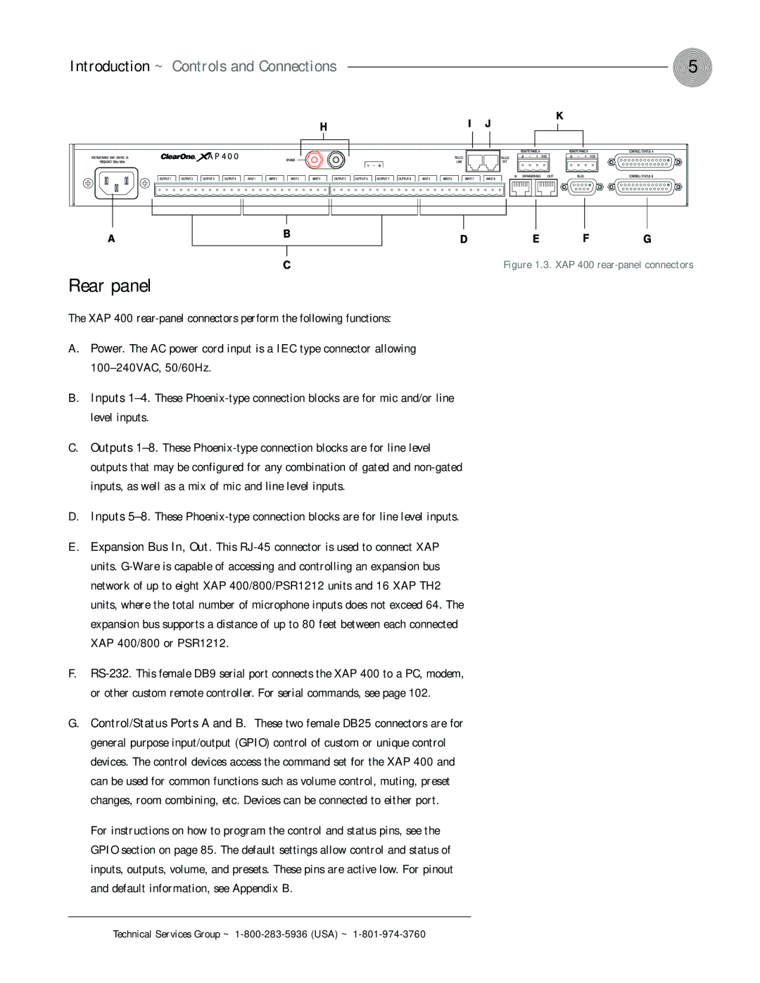 ClearOne comm XAP 400 operation manual Rear panel, Introduction ~ Controls and Connections 