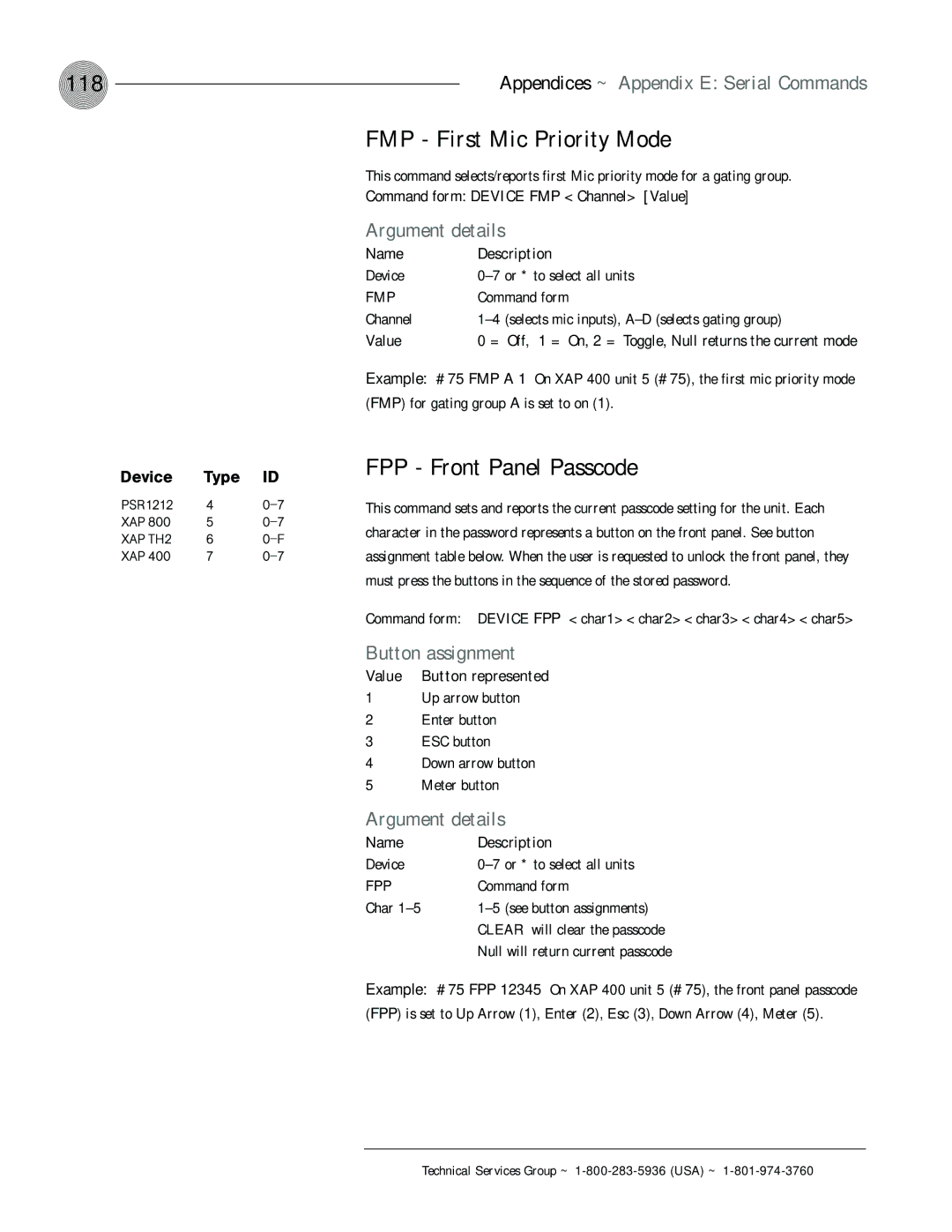 ClearOne comm XAP 400 operation manual 118, FMP First Mic Priority Mode, FPP Front Panel Passcode, Button assignment 