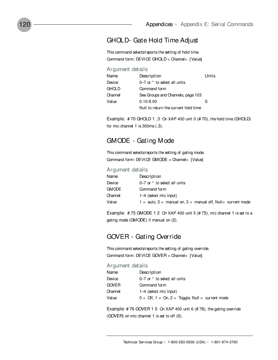 ClearOne comm XAP 400 operation manual 120, GHOLD- Gate Hold Time Adjust, Gmode Gating Mode, Gover Gating Override 