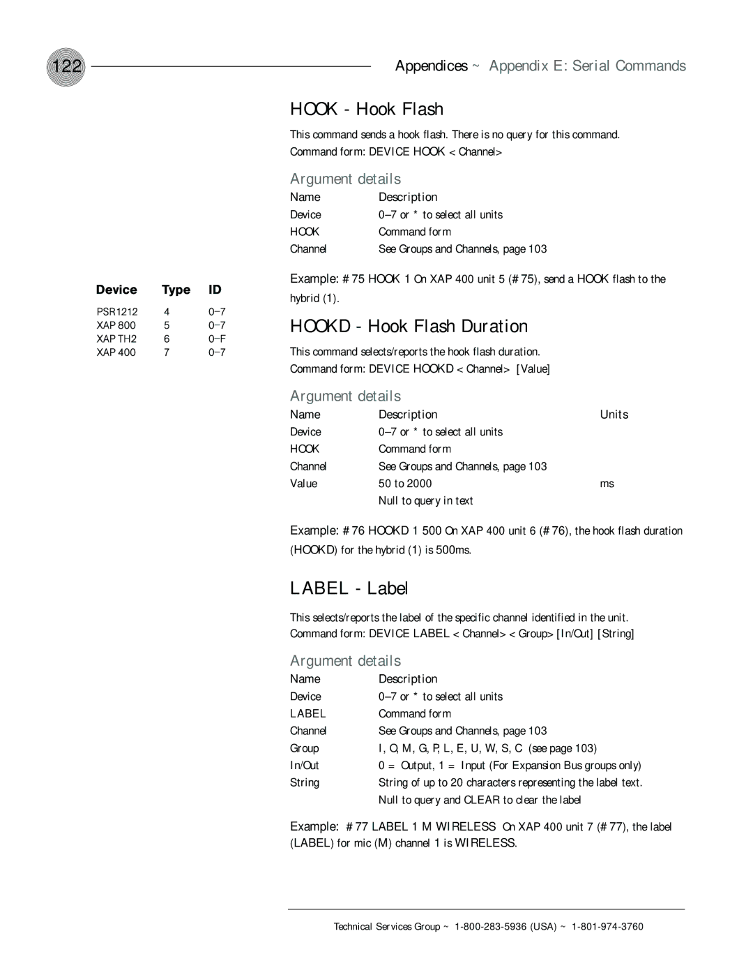 ClearOne comm XAP 400 operation manual 122, Hook Hook Flash, Hookd Hook Flash Duration, Label Label 