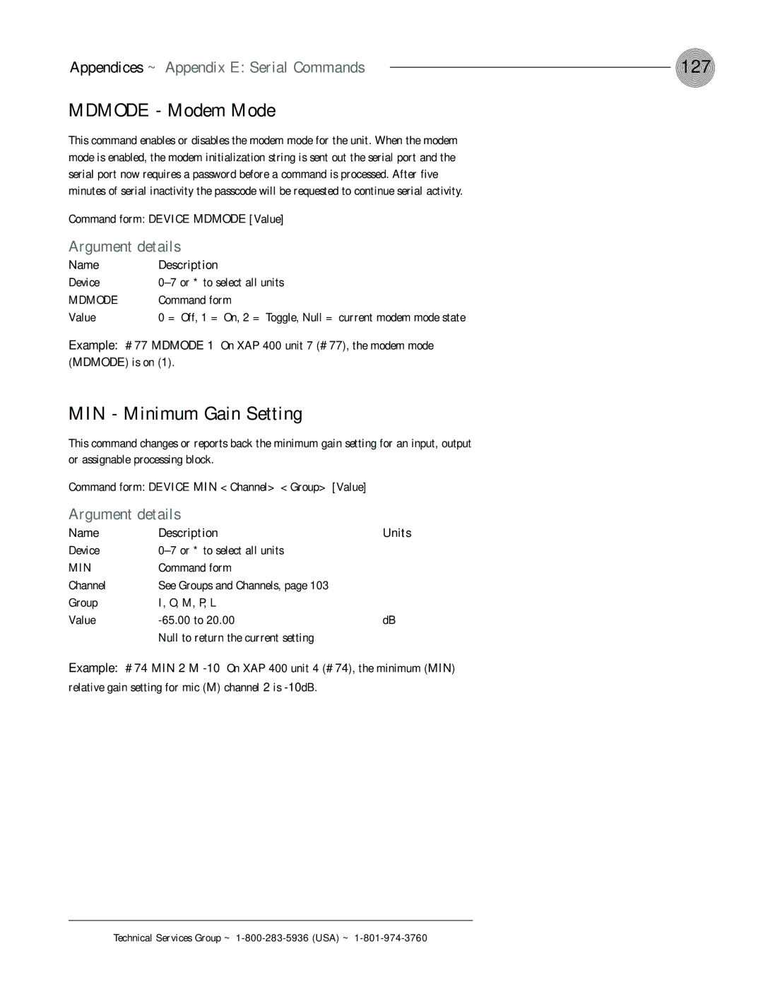 ClearOne comm XAP 400 operation manual 127, Mdmode Modem Mode, MIN Minimum Gain Setting, Command form Device Mdmode Value 