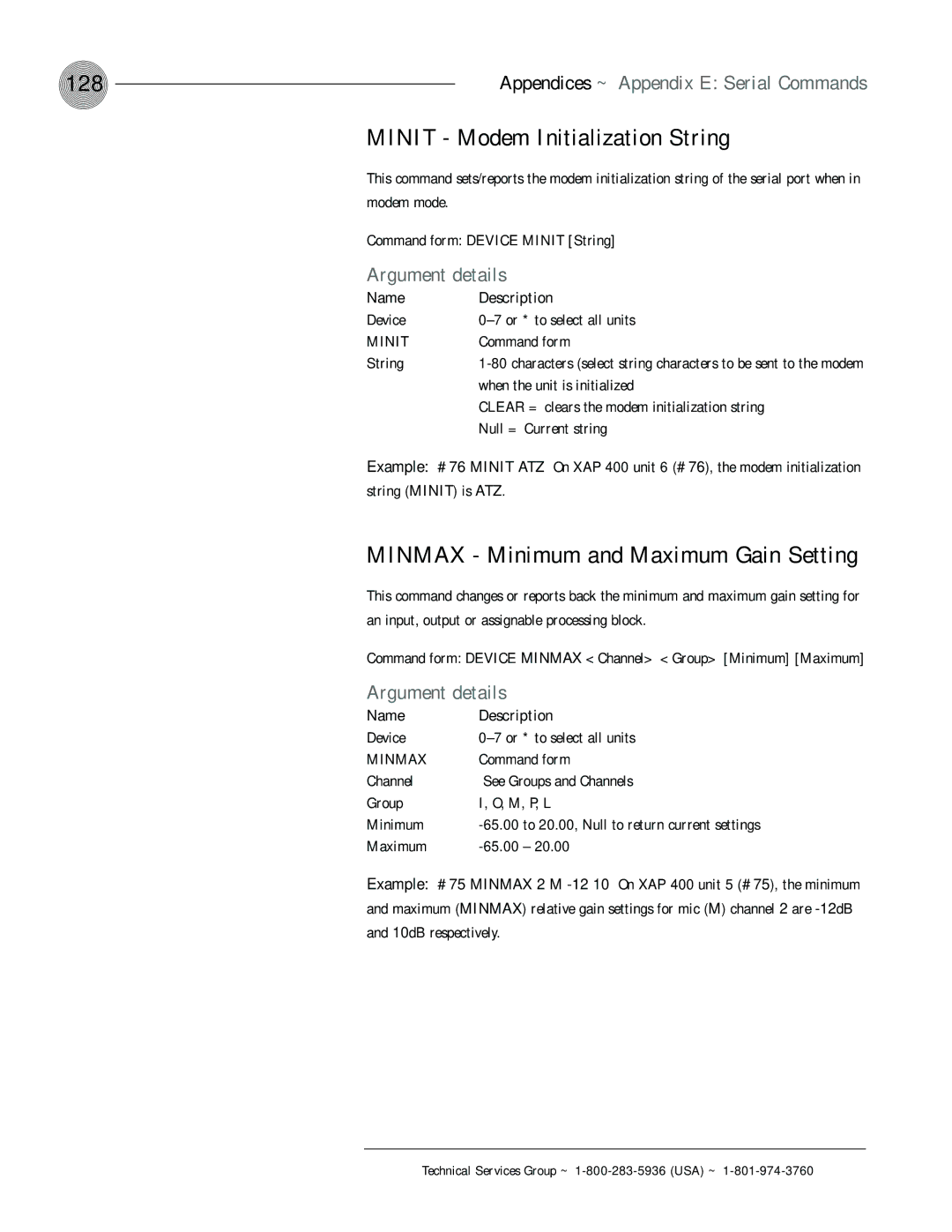 ClearOne comm XAP 400 operation manual 128, Minit Modem Initialization String, Minmax Minimum and Maximum Gain Setting 